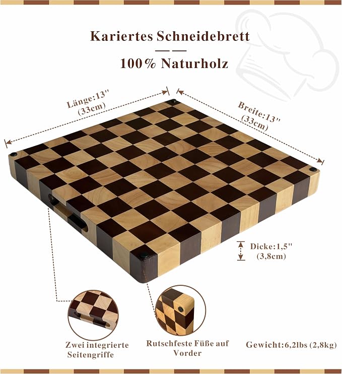 Checkered End Grain Butcher Block Cutting Board | 13" x 13" x 1.5" Thick | Acacia & Rubber Wood | Reversible | Heavy Duty Food Prep & Serving