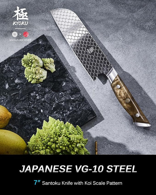 KYOKU 7" Santoku Knife with Non-Stick Koi Scale Pattern, Japanese VG10 Stainless Steel Chef Knife with Sheath & Gift Box, Shogun Koi Series Full Tang Professional Kitchen Knife with Camphorwood Handle
