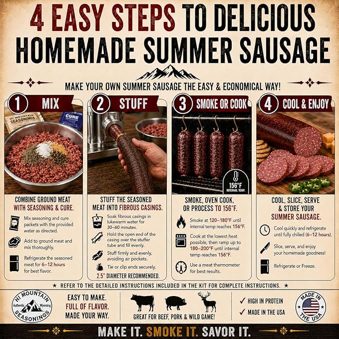 Hi Mountain ORIGINAL Summer Sausage Kit | Complete sausage seasoning kit. Includes: Seasoning, cure & 10 casings. Beef, pork, venison, deer, elk. Makes up to 30 lbs