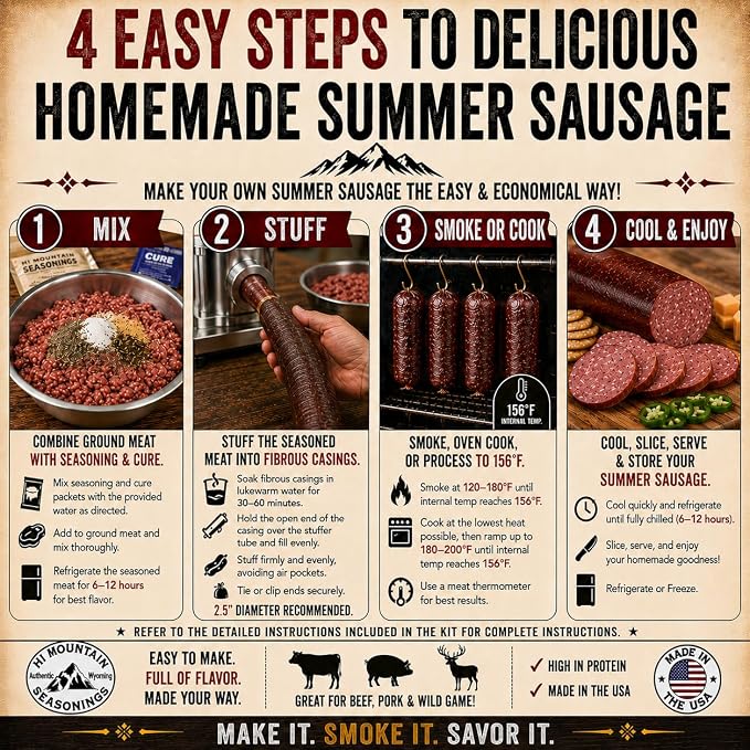 Hi Mountain HUNTER'S BLEND Summer Sausage Kit | Complete sausage seasoning kit. Includes: Seasoning, cure & 10 casings. Beef, pork, venison, deer, elk. Makes up to 30 lbs