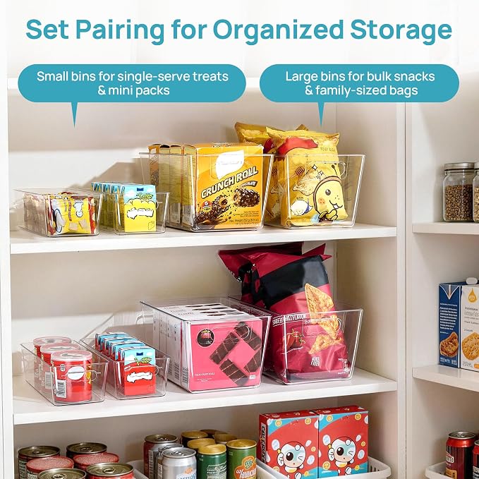 Vtopmart 8 Pack Clear Storage Bins Set for Pantry Organizer | 4 Large and 4 Small Plastic Pantry Storage Bins with Handle, Storage Containers for Pantry, Kitchen, Fridge, Cabinet