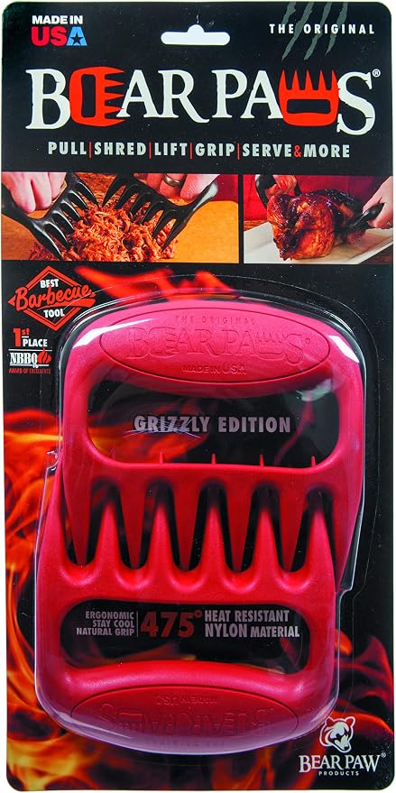 Bear Paws Meat Claws - The Original BBQ Meat Shredder Claws - Red | Shredder Claws for Pulled Pork, USA Made - Easily Lift, Shred, Pull and Serve Pork, Chicken, Brisket and Turkey