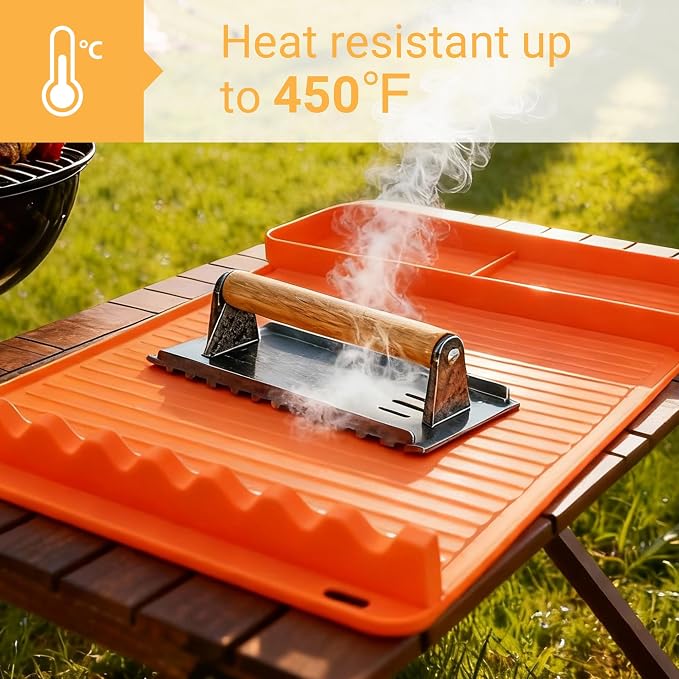 Silicone Grill Mat for Blackstone Griddles & Outdoor Grills - Heat Resistant (450°F) Countertop Protector, Non-Slip Tool Organizer & Grease Catcher, 16x11.5 Inch(Orange)