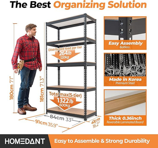 HOMEDANT 5 Tier Storage Shelves Adjustable Laminated Boltless Garage Metal Shelving Unit Heavy Duty Utility Rack Shelf Warehouse Pantry Closet Kitchen 35.9" W x 16.2" D x 71.3" H 10Pack