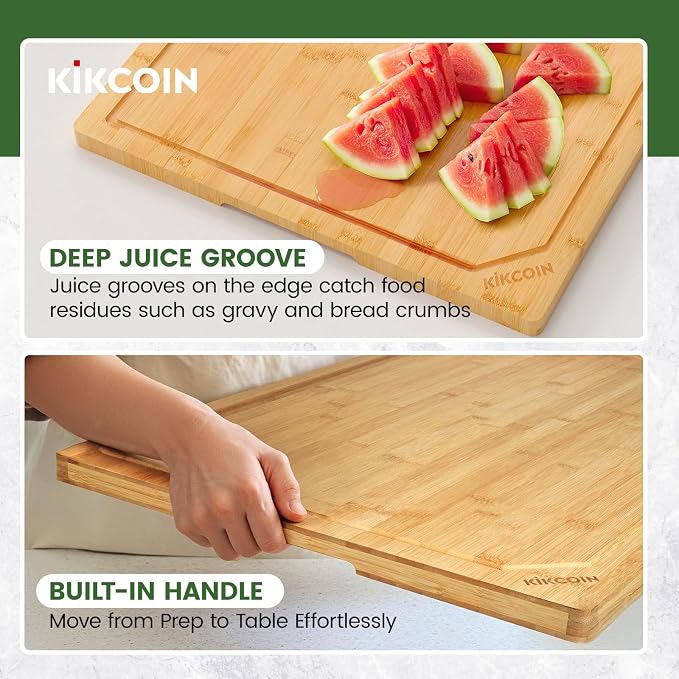 Kikcoin 30”×20” Bamboo Cutting Boards for Kitchen, Heavy Duty Wooden Cutting Boards, Healthy Extra Large Chopping Boards with Deep Juice Groove and Handle, Oversized Stove Top Cover, Natural