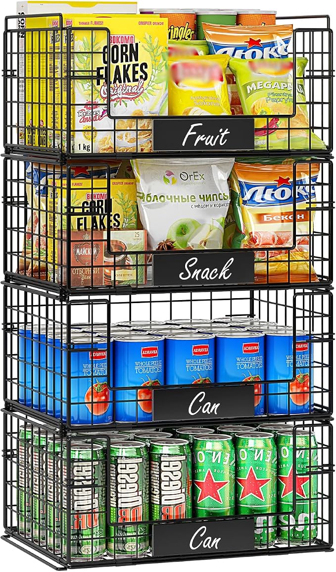 JKsmart 4 Pack XXL Stackable Wire Baskets for Pantry Organizers and Storage | Vegetable and Fruit Basket with Name Plates & Handles, Kitchen Pantry Organizer for Snack Can Fruit Veggies