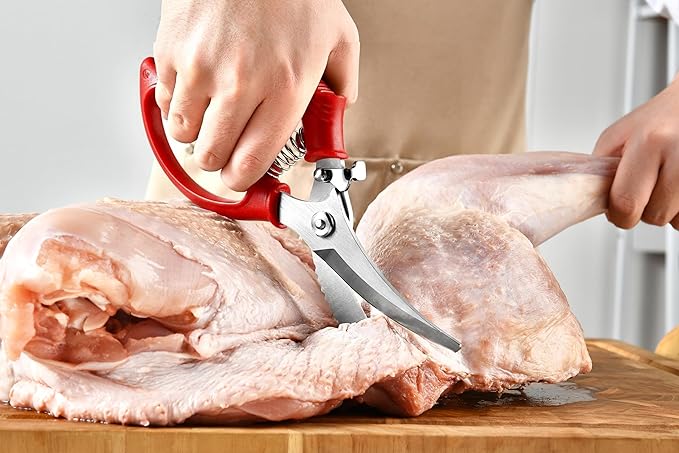 Heavy Duty Poultry Shears - Kitchen Scissors for Cutting Chicken, Poultry, Game, Meat - Chopping Vegetable - Spring Loaded - Red