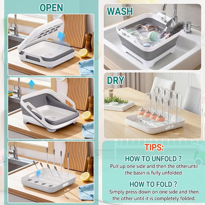 Yecuip Collapsible Baby Bottle Wash Basin w/Drying Rack & Drain Plug, Gray | 2.4 Gallon Foldable Dish Tub w/Handles,Portable RV Camping Sink & Space-Saving Wash Bin with Lid for Kitchen,Travel & Outdoor