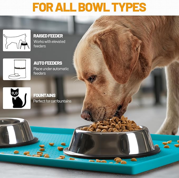 Hubulk Dog Feeding Mat,100% Waterproof BPA Free Silicone Pet Food and Water Bowl Placemat,Dishwasher, High Raised Edge to Prevent Spills,Nonslip Tray to Stop Messes on Floor (24"x16"x0.5", Teal)