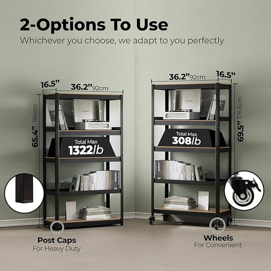 HOMEDANT House 5-Tier Metal Rolling Cart Shelf Rack Casters Heavy Duty Laminated Wheel Shelving Unit Adjustable Utility Storage Shelves Organizer Shelf Kitchen Garage 36.2" W x 16.5" D x 69.5" H 1Pack