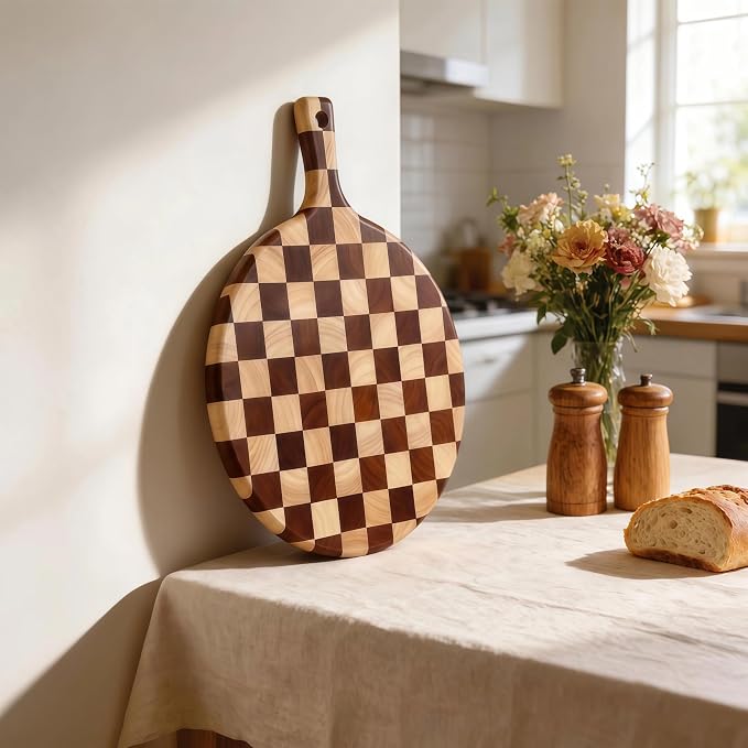 Checkered Pizza Cutting Board with Handle | 17" x 13" x 1" Thick | Acacia & Rubber Wood | Cheese & Charcuterie Serving Board | Bread, Meat & Pizza