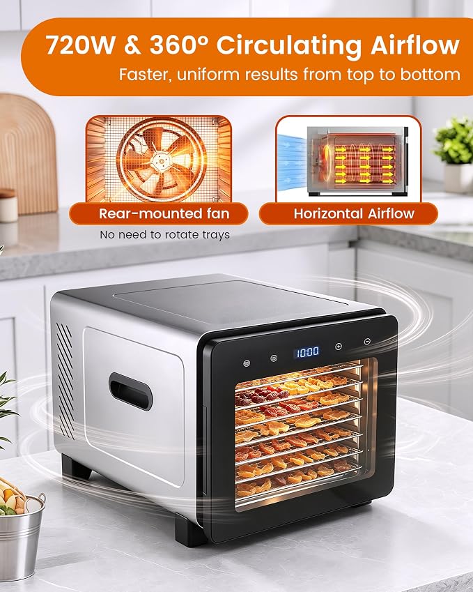 Food Dehydrator Machine, 720W 8-Tray Stainless Steel Dryer with Clear Window Door, 95-170°F Digital Temp Control & 24H Timer, 360° Airflow for Jerky, Fruit, Herbs, Dog Treats