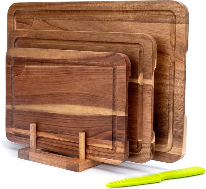 Wood Cutting Board Set, 3-Piece Cutting Board with Stand for Kitchen | Chopping Board with Juice Groove & Handles, Serving Board, Ideal for Meat, Vegetables and Cheese