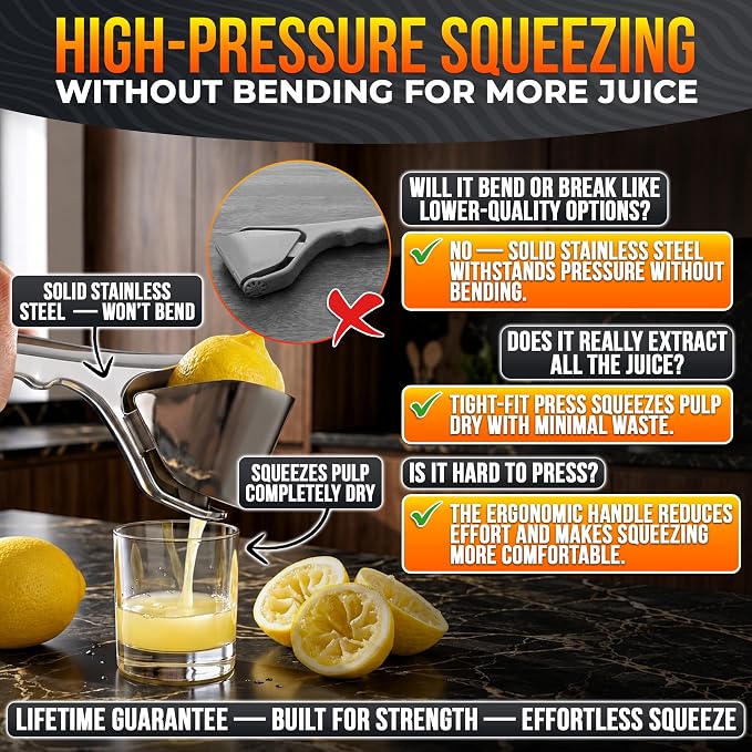 Lemon Squeezer Stainless Steel, Heavy Duty Flat Fold Citrus Juicer | Lime Squeezer Presses Lemons and Oranges to the Last Drop for Prep - Manual, Rust-Resistant, Easy to Clean, Dishwasher-Safe