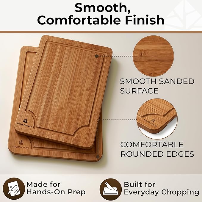 Wooden Cutting Board Set of 3 – Bamboo Wood Cutting Boards for Kitchen | with Deep Juice Grooves & Built-In Handles – Large, Non-Toxic, Easy to Clean Chopping Boards for Meat, Vegetables & Fruits