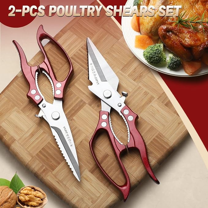 Freelander Poultry Shears Set Red - All Purpose Heavy Duty Kitchen Shears | Japanese Kitchen Scissors for Food, Chicken, Meat, Fish, Vegetables with Ergonomic Non-Slip Handle, Gifts for Women Men