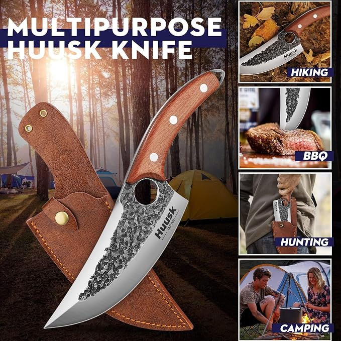 Huusk Hand Forged Viking Butcher Knife with Sheath, Japanese Carbon Steel | Sharp Meat Cutting Chef Knife with Ergonomic Handle for Premium Control, Includes Protective Sheath, Gift for Men and Women