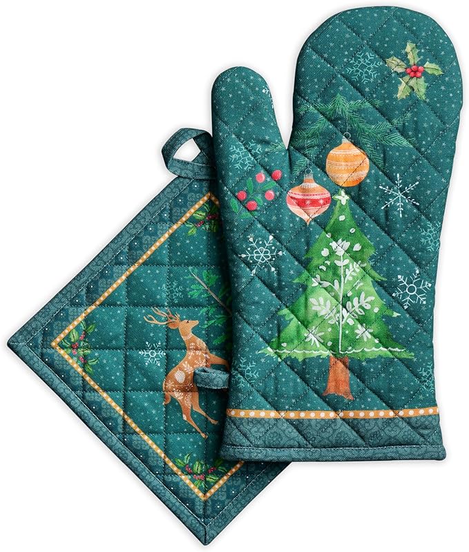 Maison d' Hermine 100% Cotton Oven Mitt & Pot Holder Set (7.5"x13" & 8"x8") | Heat Resistant BBQ Cooking Gloves with Loop Baking Grilling Kitchen Home Farmhouse Thanksgiving Christmas - Hygge Christmas
