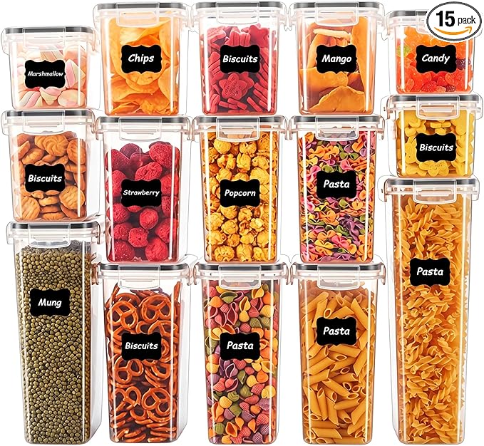 15 PCS Airtight Food Storage Containers with Lids, Plastic Kitchen and Organization Canisters for Cereal, Dry Food, Flour and Sugar, BPA-Free, PVC-Free, Includes Labels & Marker