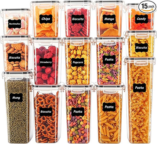 15 PCS Airtight Food Storage Containers with Lids, Plastic Kitchen and Organization Canisters for Cereal, Dry Food, Flour and Sugar, BPA-Free, PVC-Free, Includes Labels & Marker