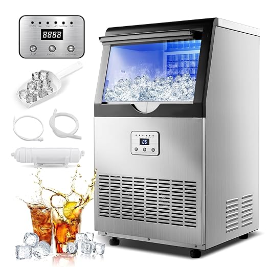 Amzgachfktch Commercial Ice Maker, 100lbs/24H Ice Maker Machine, Auto Self-Cleaning, LED Digital Display, Blue Light, Under Counter/Freestanding Ice Machine for Home/Office/Restaurant/Bar