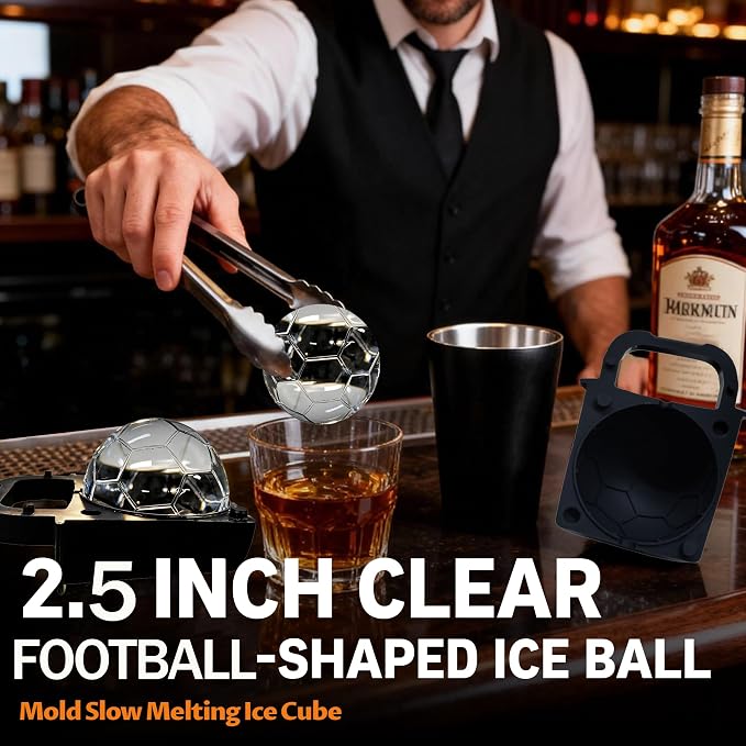 Clear Ice Cube Maker Tray – 2.5 Inch Large Clear Soccer Ice Mold, Stainless Steel & Silicone, Slow Melting Crystal Ice for Whiskey, Cocktails, and Home Bar Use (Football-1 Pack)