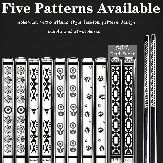 Metal Chopsticks Reusable,Stainless Steel,Dishwasher Safe,5 Pairs,Silvery | Gift Box Set,Square,Lightweight, Non-Slip,Laser Engraved Patterns No fade