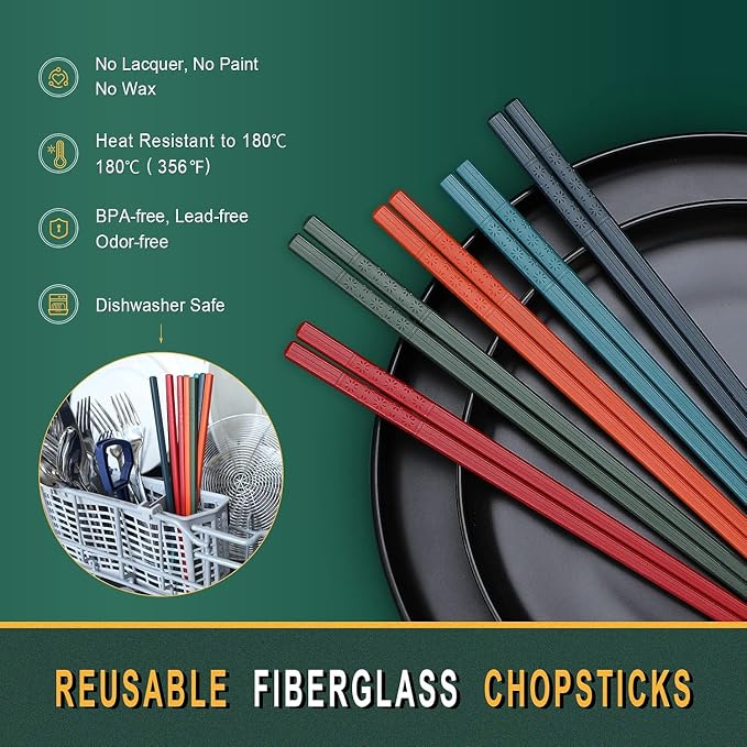 Hiware 10-Pair Reusable Fiberglass Chopsticks, Non-Slip Chop Sticks Set Japanese Style, Dishwasher Safe, Colorful, 9.5-Inch