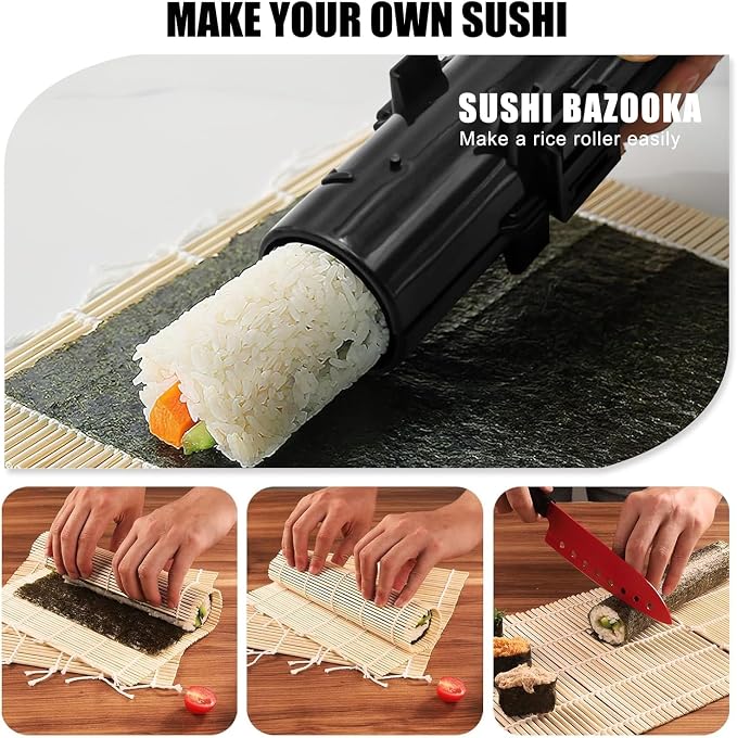 Sushi Making Kit, 22pcs Roller Maker for Beginners With Guide Book, Bazooka, Knife, Mat, Avocado Slicer, Chopsticks, Sauce Dishes & More - Sushi Lover's Gift