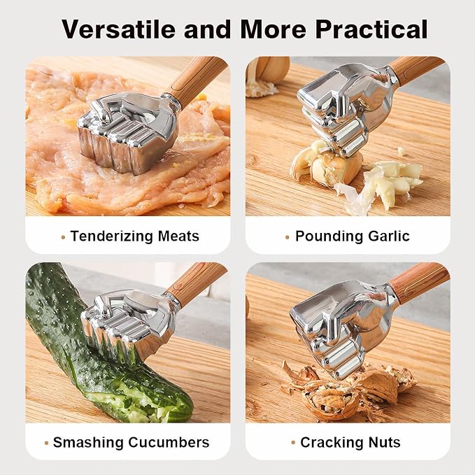 Meat Tenderizer Hammer, 14 oz Heavy Duty Meat Mallet Pounder | Fist-Shaped, Wood-Grain Non-Slip Handle, Dual-Sided Kitchen Hammer for Steak, Chicken & Pork