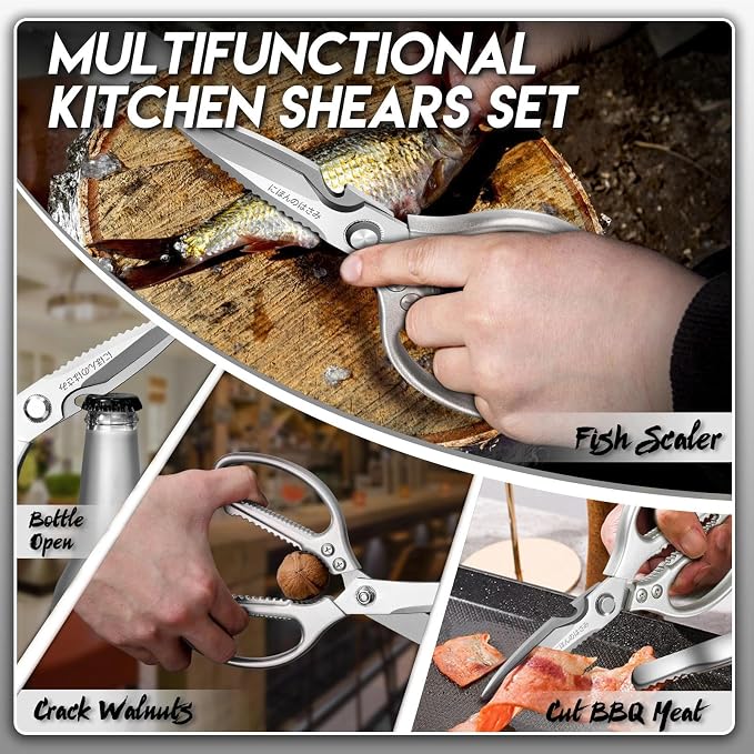 TIJERAS Kitchen Scissors Shears Set - 2PCS Stainless Steel Sharp | Meat & Heavy Duty Poultry Sharp Shears, Dishwasher Safe, Japanese Cooking Scissor for Food Chicken, Gifts for Women, Silver