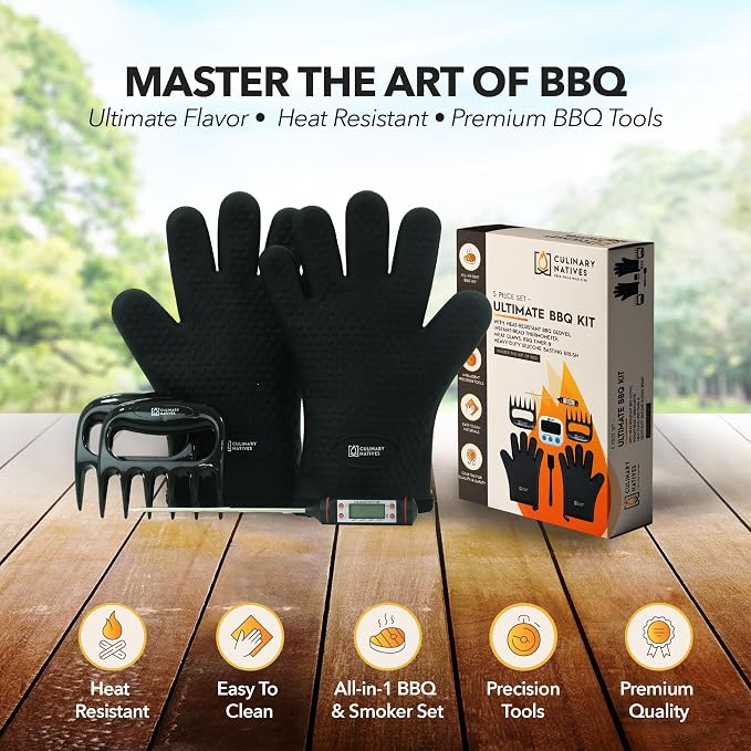 Smoker Gloves and Meat Claws | Instant-Read Thermometer | No.1 Silicone Smoker Gloves & Pulled Pork Claws | Heavy-Duty Heatproof BBQ Mitts and Meat Shredders for Barbecue, Grilling, Smoking, Shredding