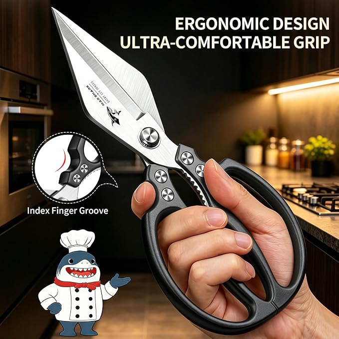 MAD SHARK Heavy Duty Kitchen Shears, Sharp All Purpose Kitchen Scissors | Dishwasher Safe 8mm German Steel Poultry Shears for Chicken, Meat, Turkey, Seafood & Vegetables, Dishwasher Safe, Ergonomic