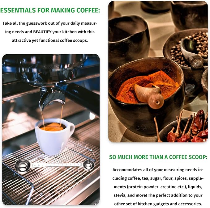 2 Pieces Coffee Scoops with Mark, 1 Tablespoon and 1 Teaspoon Stainless Steel Coffee Measuring Scoop for Ground Brewing, Tea, Sugar and Milk, 5 ml and 15 ml
