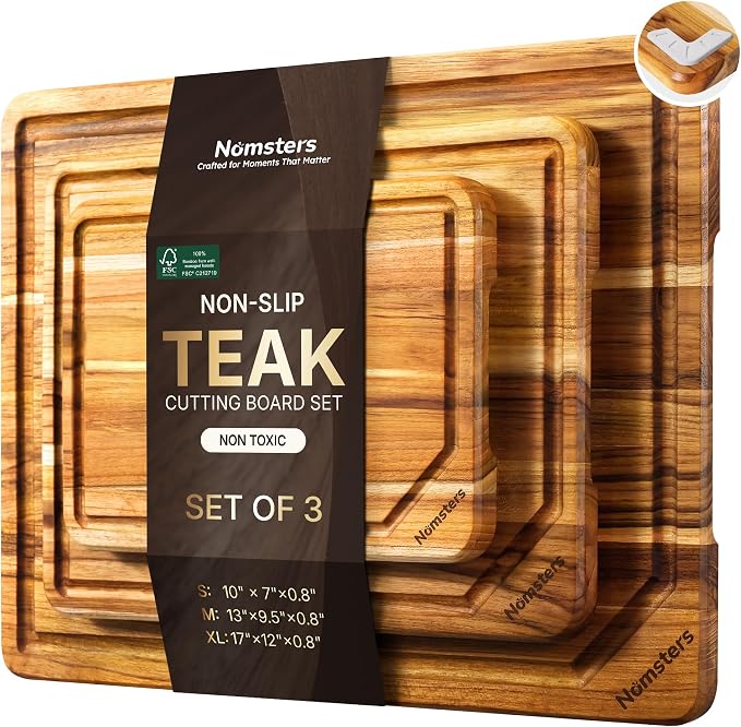 3 Pack Teak Wood Cutting Boards for Kitchen Wooden Chopping Board Non Toxic | Heavy Duty, Non Toxic, Serving, Hardwood, Over Sink, Thick Wooden Chopping Board, Large Big Small, Best Essential Gift, Fruit