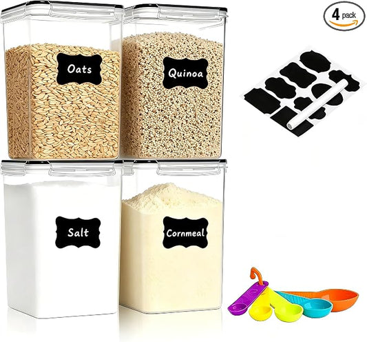 4pc 6.5L Large Airtight Plastic Canisters with Lids, Cups & Labels | Large BPA-Free Plastic Food Storage with Labels for Spaghetti, Cereal, Oats & Kitchen Pantry Organization, 4 Pack