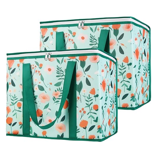 Bodaon Insulated Reusable Grocery Shopping Bags, 2-Pack, X-Large Cooler Bag | Secure Zippered Top Warmer, Insulated Food/Pizza Delivery Bag, For Catering/Commercial Rideshare Drivers/Picnic, Heavy Duty
