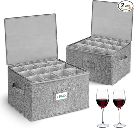 Cirhy Wine Glass Storage Box Hard Shell, Stemware Storage Containers for Moving, Holds 24 Crystal Glasses & Flutes, Stackable Glassware Chest with Dividers, Grey (2-Pack)