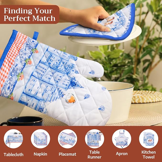 Maison d' Hermine 100% Cotton Oven Mitt & Pot Holder Set (7.5"x13" & 8"x8") | Heat Resistant BBQ Cooking Gloves with Loop Baking Grilling Kitchen Hotel Home Farmhouse Spring Summer - Amsterdam Canals