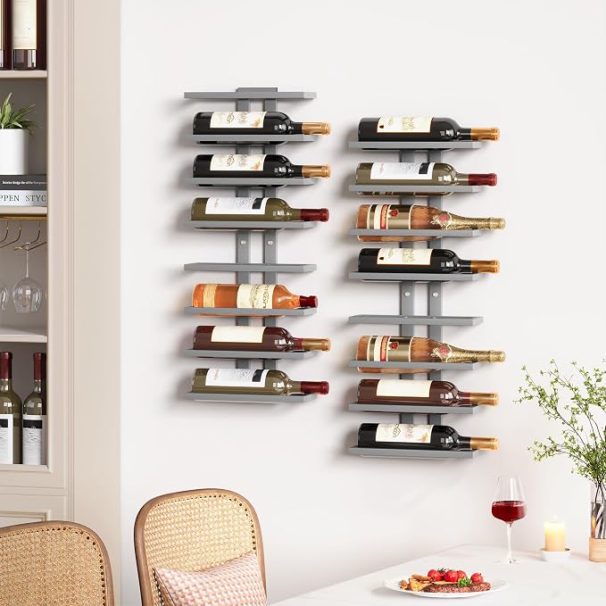 Hoctieon 2-Set 8 Tier Wall Mount Wine Rack (16 Tiers), Wall Racks for Wine Bottles Display and Storage, Hanging Bottle Organizer for Living Room, Dining Room, Wine Cellar, Bar, Grey