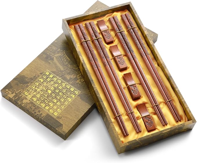 Reusable Chopsticks, Hand-Carved Phoenix Design Wooden Chopstick, Chinese Chopsticks Reusable Dishwasher Safe, Chop Sticks Gift Sets - 4 Pairs