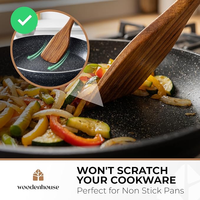 Wooden Spatula for Cooking, Teak Set of 6 for Non-Stick & Cast Iron | Includes Turner, Scraper, Slotted, Frying Tools, Jar Scraper & Spoonula – Scratch-Free, Easy to Clean