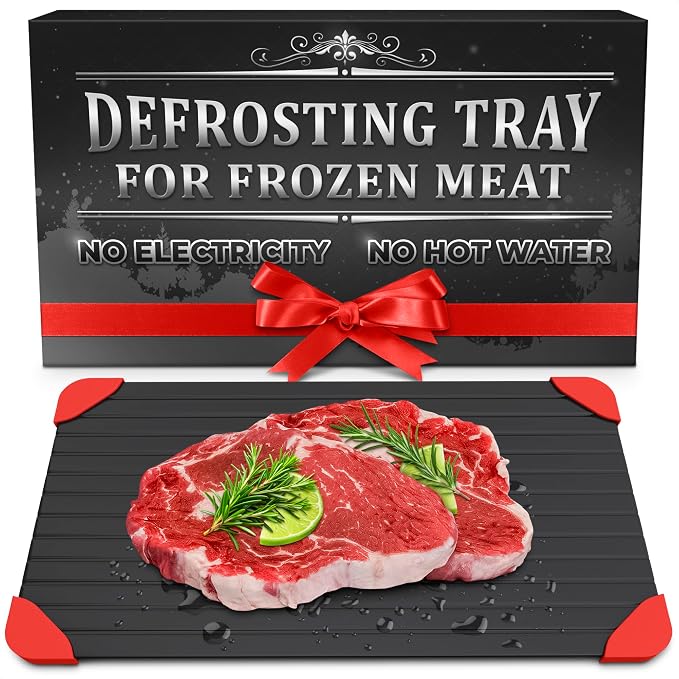 Thawing Tray for Frozen Meat, Fish, and Veggies, 14" x 8", Aluminum | Defrost Tray for Frozen Meat; Non-Stick Coating; High Heat Transfer, No Electricity; Easy Handling, Maintenance and Storage