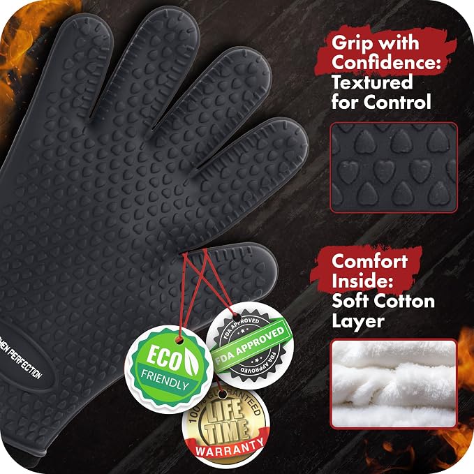 KITCHEN PERFECTION S Silicone Smoker BBQ Gloves - Heat Resistant Oven Mitts | Waterproof, 5-Finger Design For A Better Grip, for Pitmasters, Meat Smoking, Grilling, Cooking, Frying Turkey | Grill Gift