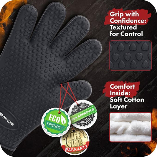 KITCHEN PERFECTION XL Silicone Smoker Oven Gloves-Extreme Heat Resistant BBQ Gloves-Handle Hot Food Right on Your Grill Fryer&Pit|Waterproof Grilling Cooking Baking Mitts|Superior Value Set+3 Bonuses | Waterproof, 5-Finger Design For A Better Grip, for...