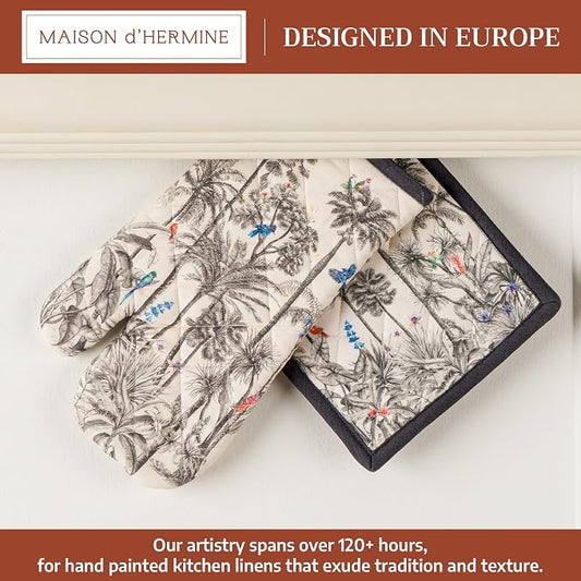 Maison d' Hermine 100% Cotton Oven Mitt & Pot Holder Set (7.5"x13" & 8"x8") | Heat Resistant BBQ Cooking Gloves with Loop Baking Grilling Kitchen Hotel Home Farmhouse Thanksgiving Christmas - Amazonia
