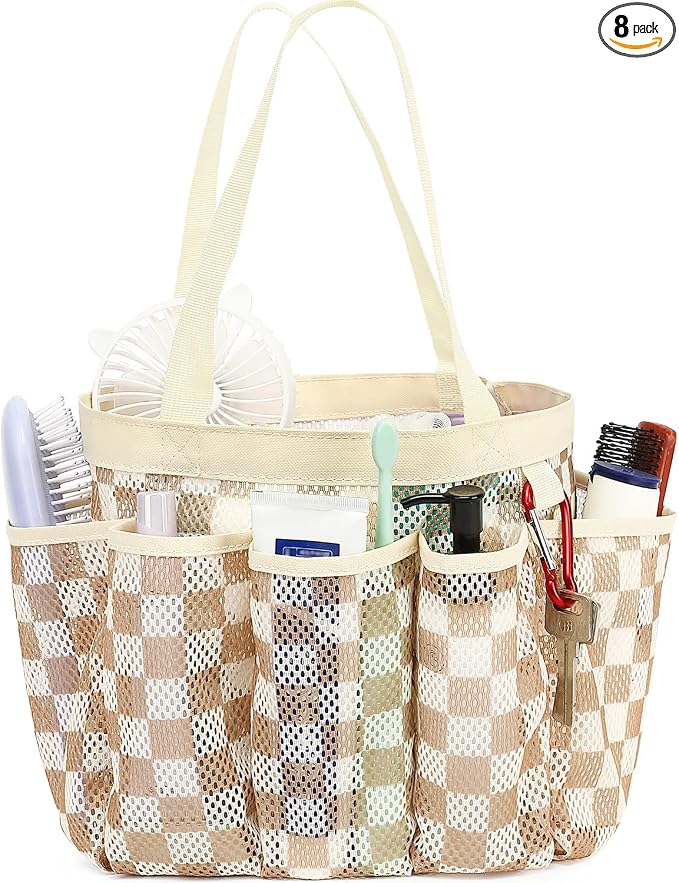 Fammart Mesh Shower Caddy Portable for College Dorm Room Essentials, Odorless Polyester Large Shower Tote Bag with Dual Handles, 8-Pocket Quick-Dry Toiletry Organizer for Travel, Beach, Camping, Gym
