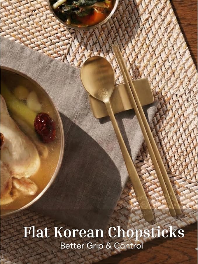 ONGI Korean Spoon and Chopstick 1 Set – Premium 18/10 Titanium Gold – Double Happiness Design – Gift-Ready – Made in Korea – Dishwasher Safe (Hee Pattern Gold 1 Set)