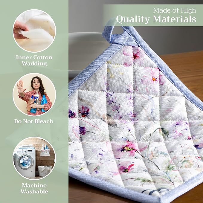 Maison d' Hermine Pot Holders 100% Cotton Potholders (8" x 8", Pack of 1) | Heat Resistant Hot Pads with Loop BBQ Cooking Baking Farmhouse Kitchen Handling Hot Pans Spring Summer - Summer Floral