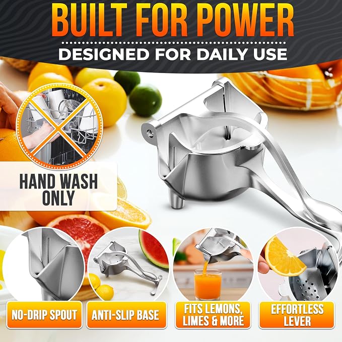 Hand Juicer Squeezer, Large 20 oz Aluminum Bowl with Pour Spout | Handheld Manual Citrus Press, Gets Every Drop Out of Lemon, Lime, Orange, Grapefruit, and Pomegranate Juice, Ergonomic Handle